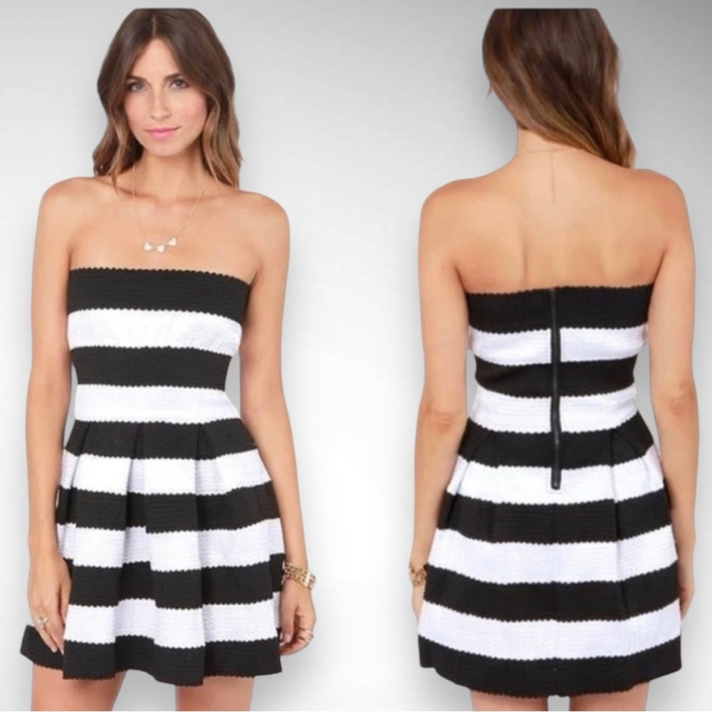 DOE & RAE Black and White Strapless Mini Dress With Flare Fit Small | EUC